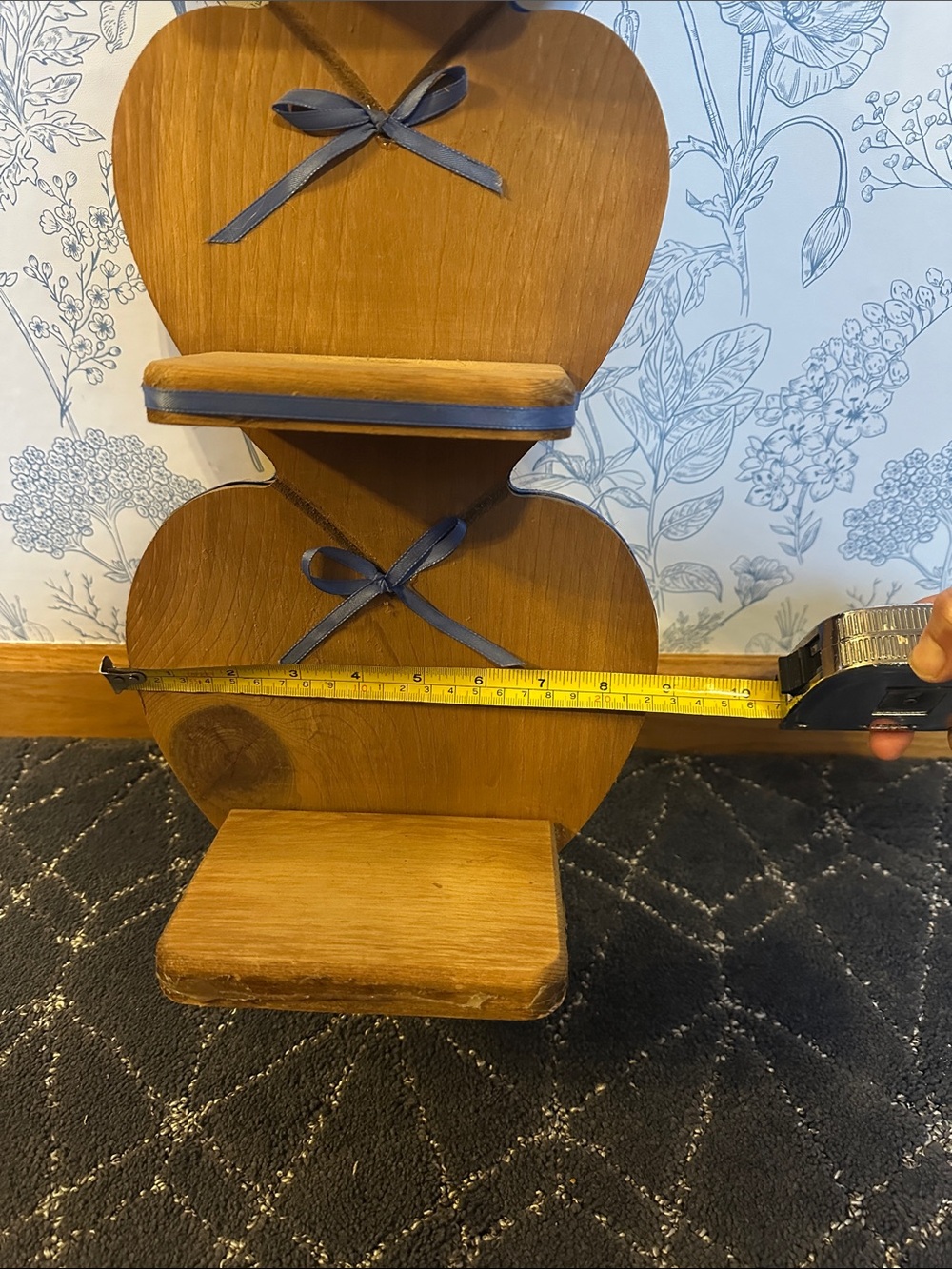 Wooden Heart Tiered Wall Shelf with Blue Ribbon Accents - Picture 2 of 12